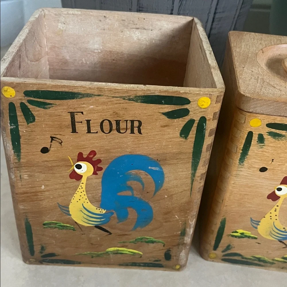 Vintage*Wood Rooster/ Rustic Wooden Kitchen Canister Set with Rooster Design